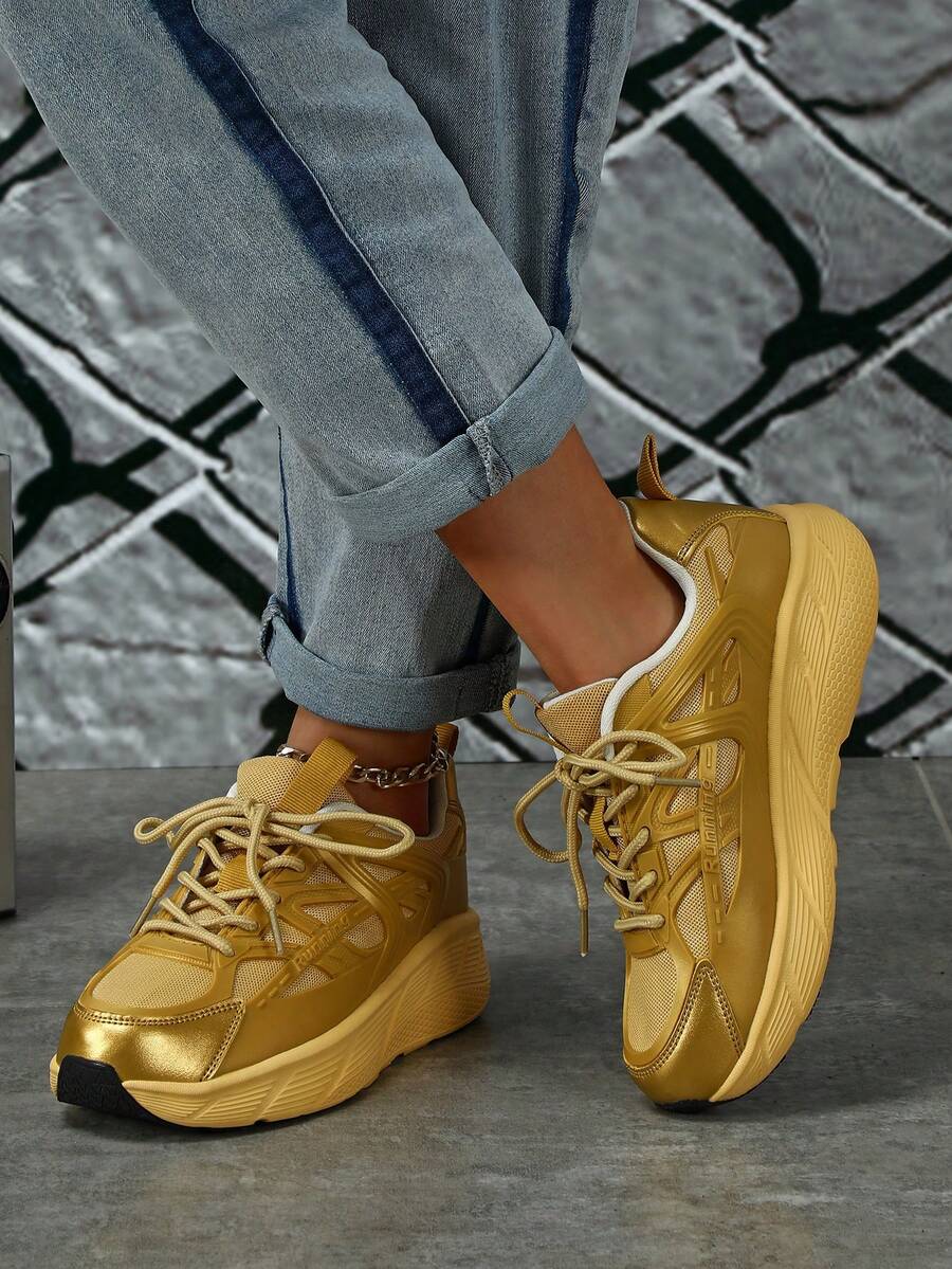 女士個性化和創意金色休閒鞋，獨特的設計和舒適的行走體驗，厚底平台厚底運動鞋