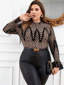Celure Plus Chevron Print Mock Neck Mesh Top - Multicolor - View 4