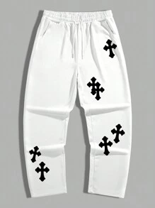 Manfinity EMRG Pantalones De Chándal Para Hombre Con Ajuste Holgado Y Estampado De Cruz Para Uso Casual - Blanco - Ver 2