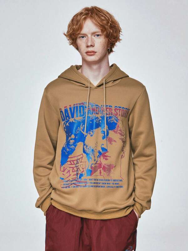 ROMWE MEN Street Life 男士標語和人物圖案抽繩加絨內裏連帽衫