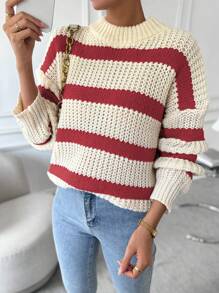 Flirla Striped Pattern Drop Shoulder Sweater Knit Pullover Fall Winter Outfit