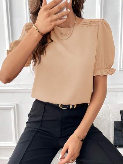 SHEIN Essnce Solid Puff Sleeve Blouse,Short Sleeve Tops