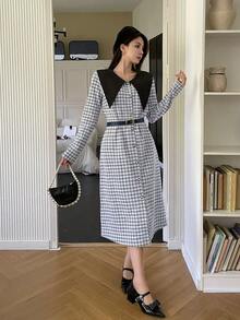 Dazy Star 女士格紋彼得潘領長袖連衣裙