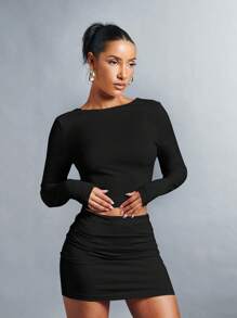SHEIN BAE Solid Crop Tee & Bodycon Skirt - Black - View 3