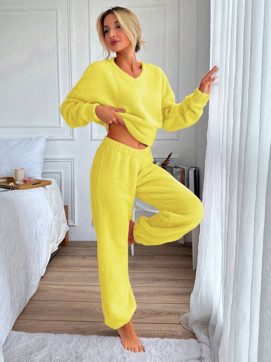 SHEIN Cottnline Drop Shoulder Plush Hoodie And Pants Set - Yellow - View 1