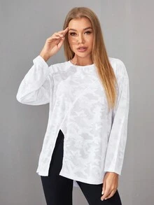 SHEIN Daily&Casual 女士迷彩分割式運動t恤 - 白色 - 查看 7