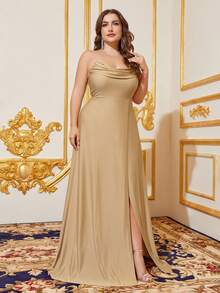 Plus Draped Collar Split Thigh Formal Cami Dress - Champagne - View 6