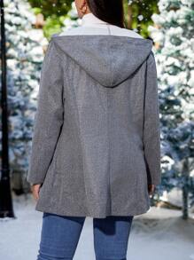 SHEIN CURVE+ 大碼雙口袋行李袋連帽花呢外套 - 灰色 - 查看 2