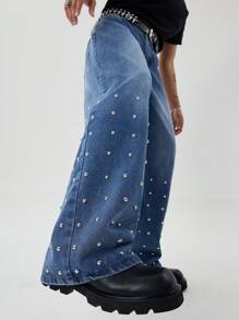 Manfinity EMRG Loose Men's Studded Wide Leg Jeans - Blue - View 1
