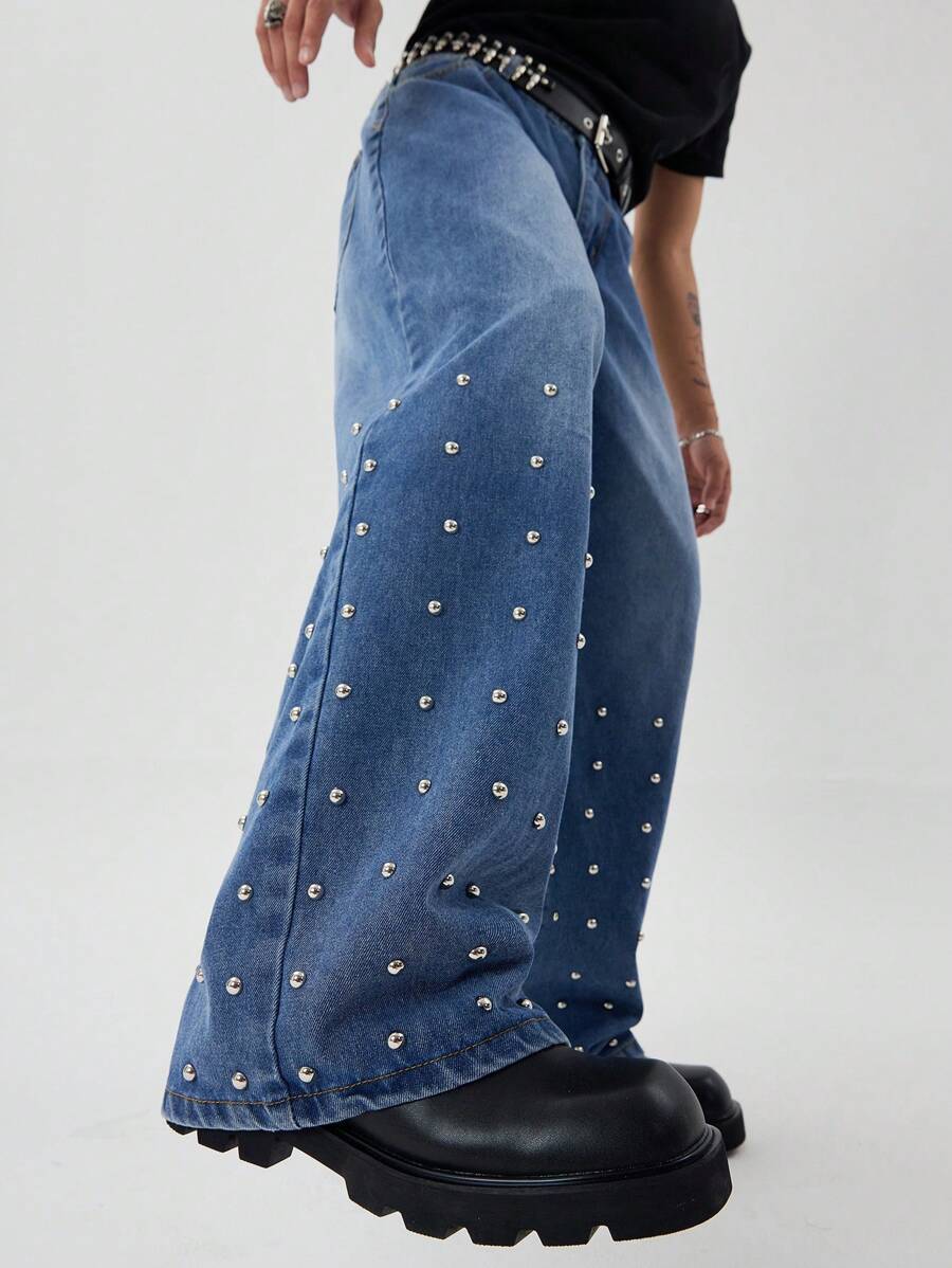 Manfinity EMRG Loose Men's Studded Wide Leg Jeans - Blue - View 1