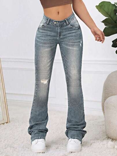 SHEIN EZwear Y2k Cat Whisker Ripped Flare Leg Blue Jeans