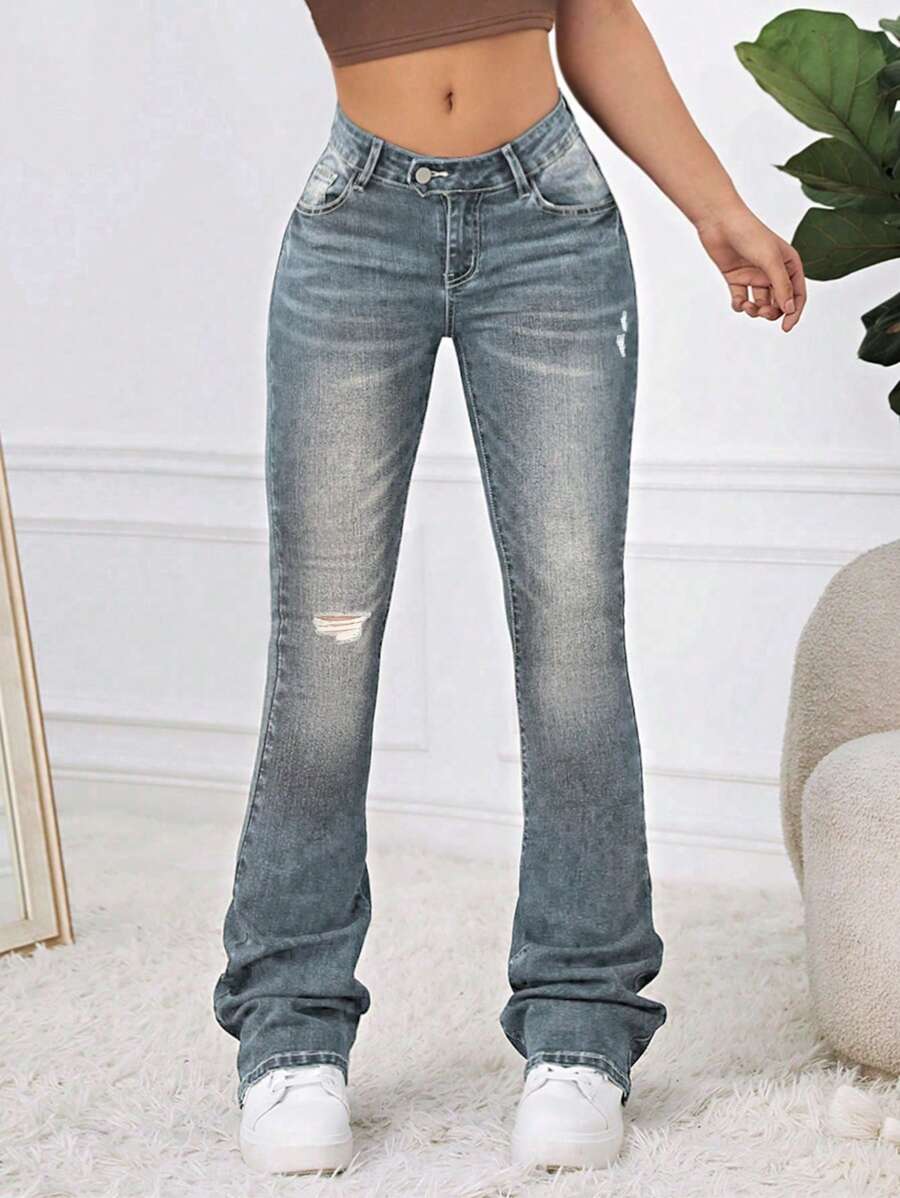 SHEIN EZwear Y2k Cat Whisker Ripped Flare Leg Blue Jeans - Dark Wash - View 1
