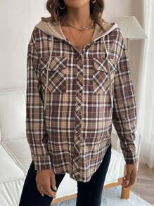 SHEIN Thai sản áo có mũ Áo sơ mi Với nút Mặt trước , Flap túi Và Dây rút - Nhiều màu - Xem 4