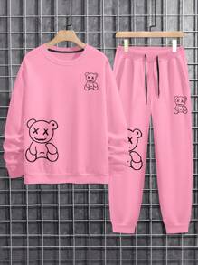 Manfinity Homme Men Bear Print Sweatshirt & Drawstring Waist Sweatpants , Going Out , Graphic , Funny , Plain , Couple Matching