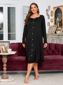 大尺碼女性鈕扣前方花邊睡衣連衣裙 - 黑色 - 查看 3