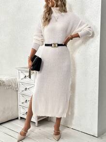 SHEIN Clasi Turtleneck Drop Shoulder Split Thigh Sweater Dress Without Belt Fall Cloth For Women - Apricot - View 1