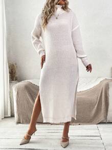 SHEIN Clasi Turtleneck Drop Shoulder Split Thigh Sweater Dress Without Belt Fall Cloth For Women - Apricot - View 8