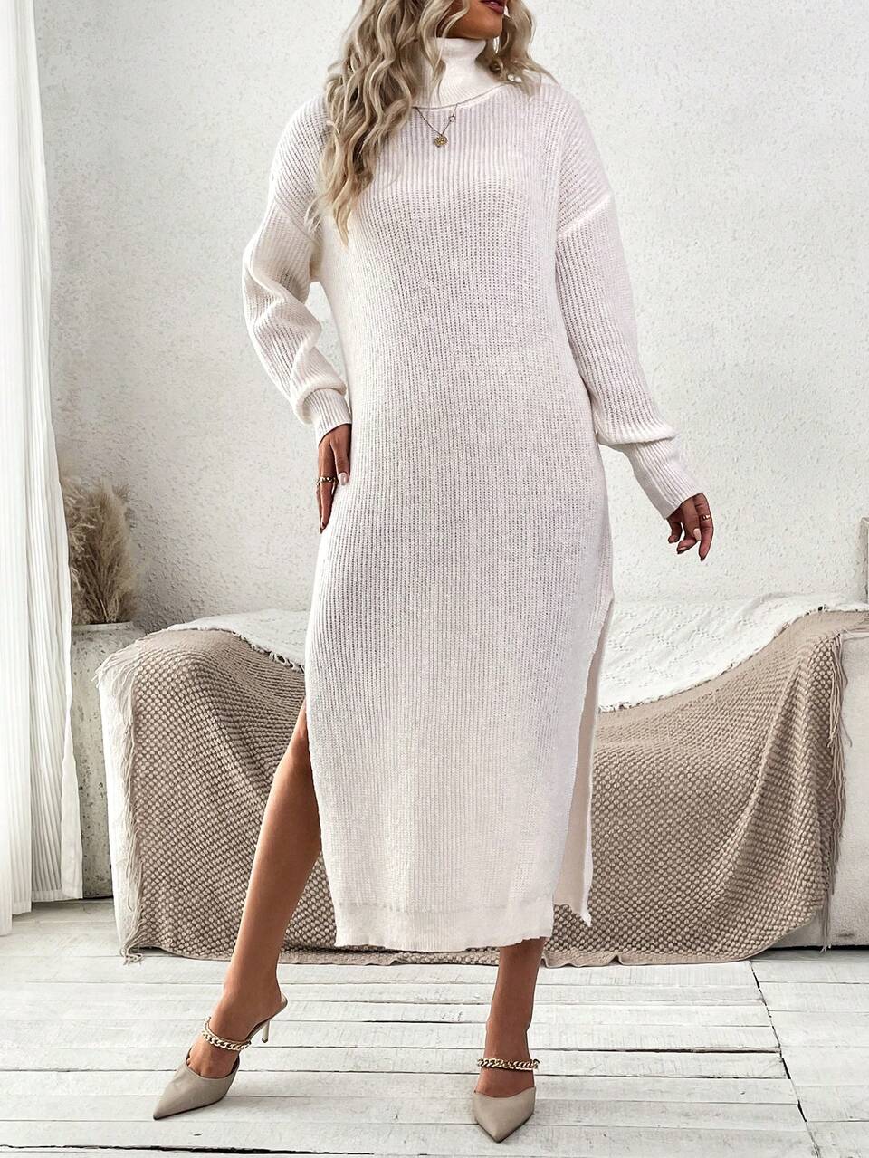 Turtleneck Drop Shoulder Split Thigh Sweater Dress Without Belt Fall Cloth For Women