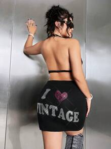 SHEIN ICON 大碼水鑽字母&愛心圖案褶邊包臀半身裙 - 黑色 - 查看 3