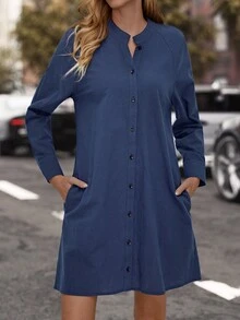 EMERY ROSE Vestido camisero unicolor con botón delantero