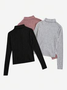 SHEIN EZwear 夏季3入組短袖高領肋紋針織t恤 - 彩色 - 查看 2