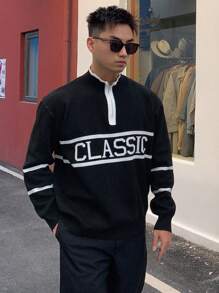 DAZY Men Letter Pattern Quarter Zip Sweater,Fall Clothes Business Attire - Multicolor - View 5