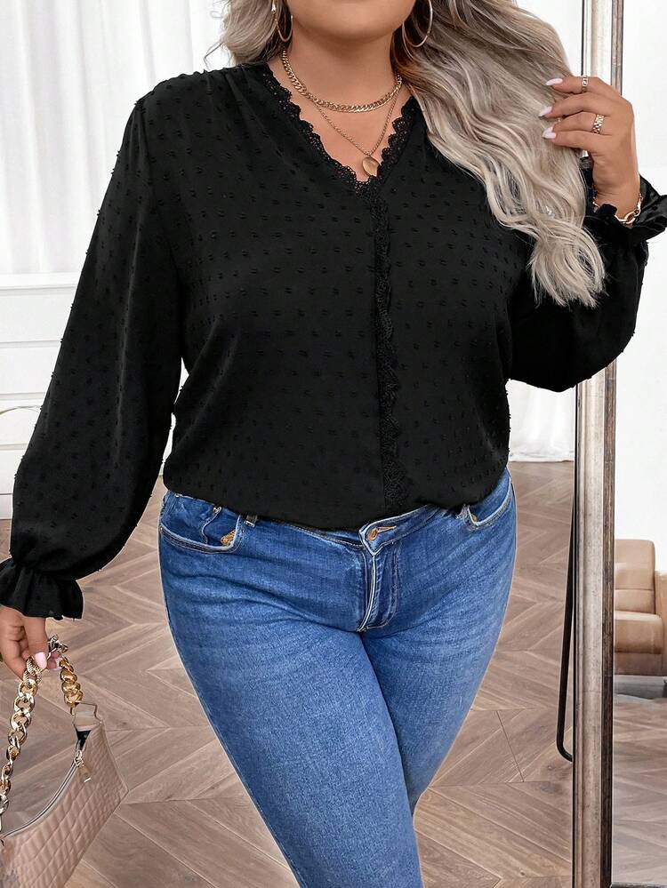 Plus Swiss Dot Guipure Lace Trim Flounce Sleeve Blouse