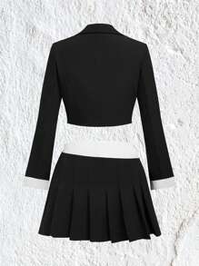 SHEIN EZwear Lapel Collar Crop Blazer & Pleated Skirt Without Shirt - Black and White - View 2