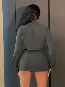 Slaydiva Button Front Crop Shirt & Flap Pocket Skirt - Grey - View 2