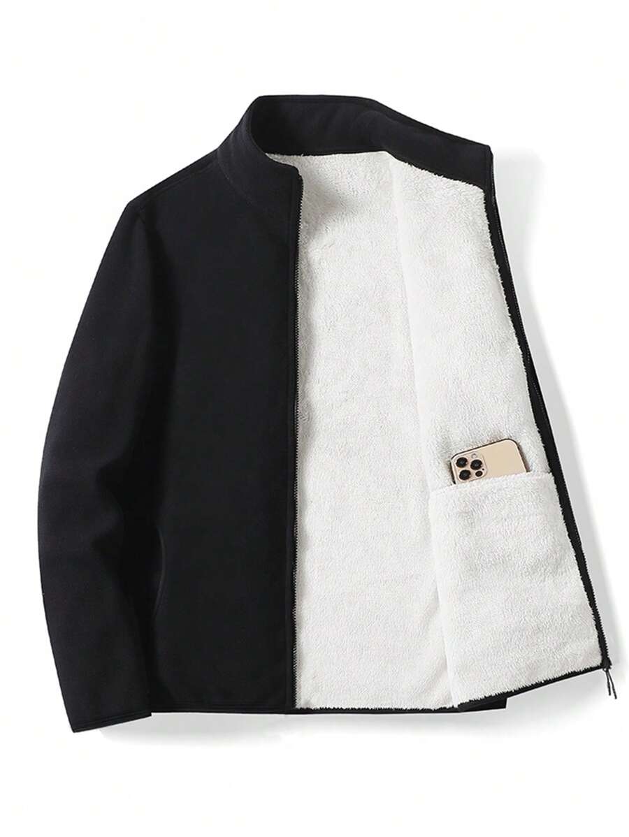Chaqueta de forro polar de unicolor casual para hombres, versátil para otoño/invierno - Negro - Ver 1
