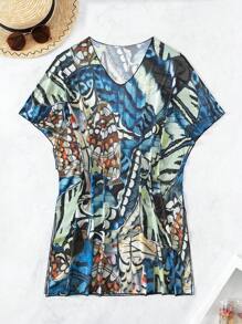 Swim Lushoire 女士全印花v領蝙蝠袖遮陽衣 - 彩色 - 查看 3