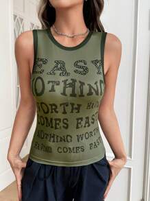 SHEIN EZwear Letter Graphic Contrast Binding Tank Top - Army Green - View 3