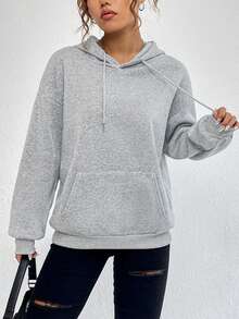 SHEIN EZwear Letter Print Hooded Women's Sweatshirt With Back Design - Grey - View 2