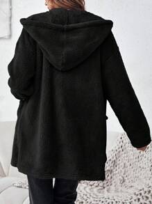SHEIN LUNE Dual Pocket Hooded Teddy Coat In Fall/Winter - Black - View 2