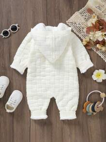 SHEIN Baby Boy Button Front Thermal Knit Hooded Jumpsuit - White - View 2