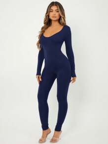 SHEIN SXY Solid Scoop Neck Unitard Jumpsuit - Navy Blue - View 3
