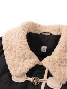 Dual Pocket Fuzzy Trim Duffle Down Coat - Black - View 3