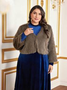 Modelyn Plus Open Front Fuzzy Coat - Coffee Brown - View 4