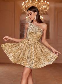 单肩无袖闪亮亮片迷你A字形派对礼服，适合夏季晚会 - 香檳色 - 查看 1