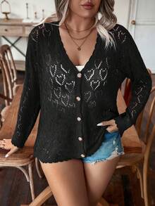 Calvaya Hơn Hình trái tim Dệt kim chấm bi Áo len Mở - màu đen - Xem 5