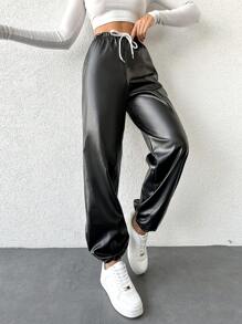 EURMUSE Drawstring Waist PU Pants - Black - View 4