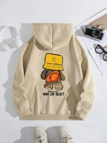 SHEIN EZwear Chữ cái & Đồ họa hoạt hình Túi kangaroo Dây rút Lót nhiệt Hoodie - Màu nâu  Mocha - Xem 1