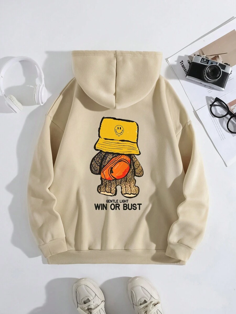 SHEIN EZwear Chữ cái & Đồ họa hoạt hình Túi kangaroo Dây rút Lót nhiệt Hoodie - Màu nâu  Mocha - Xem 1