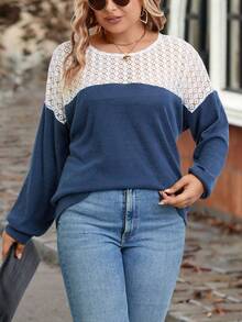 SHEIN LUNE 大碼蕾絲拼接落肩T恤 - 彩色 - 查看 6