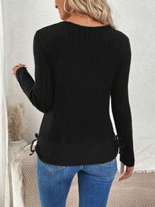 SHEIN LUNE Draped Collar Drawstring Side 2 In 1 Tee - Black - View 2