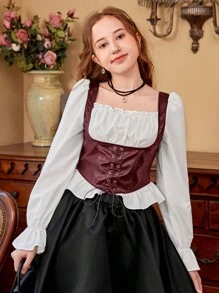 SHEIN Teen Girl Lace Up Front Ruffle Hem PU Leather Blouse - Burgundy - View 5