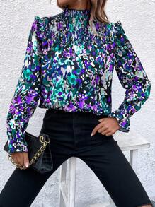 SHEIN LUNE In Toàn bộ Viền Ruffle tay áo lá sen Áo sơ mi - Màu tím - Xem 1