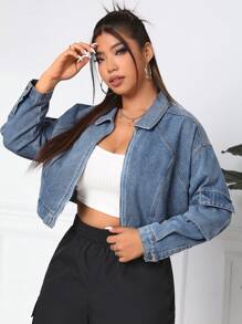 SHEIN EZwear Women's Plus Size Denim Jacket - Blue - View 6