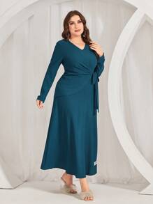 Mulvari Plus Size Wrap Style Tie Waist Dress - Blue - View 6