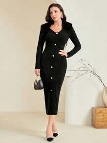 Modelyn Button Front Ribbed Knit Sweater Dress Fall Cloth For Women - Black - View 1